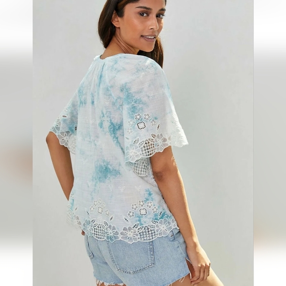 Anthropologie Blue White Olivia Embroidered Tie Dye Blouse Top XS - Picture 4 of 9